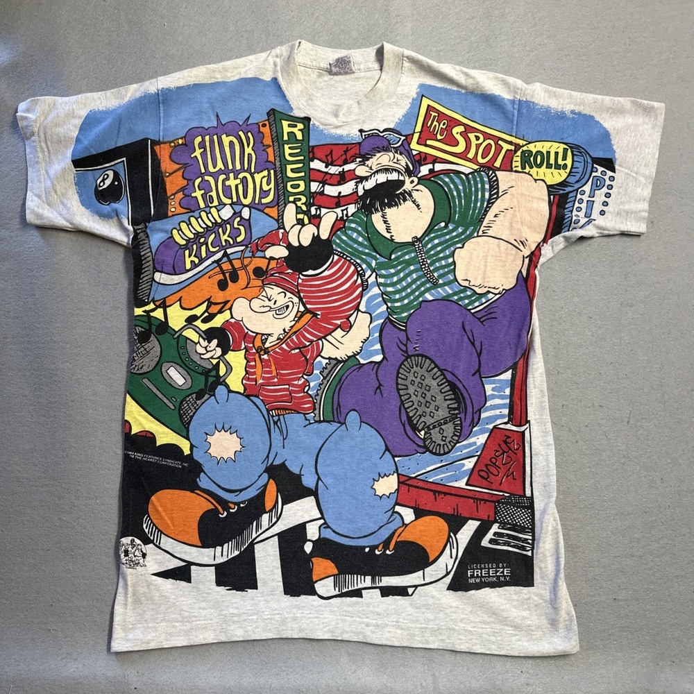 Vintage 90s Popeye Bluto Funk Factory Kicks T Shirt Freeze All Over Print L Rap